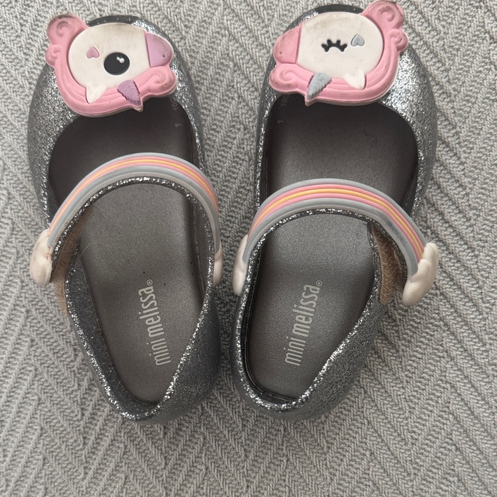 Mini Melissa Glittery Silver Kids Mary Jane shoes with Unicorn Accent